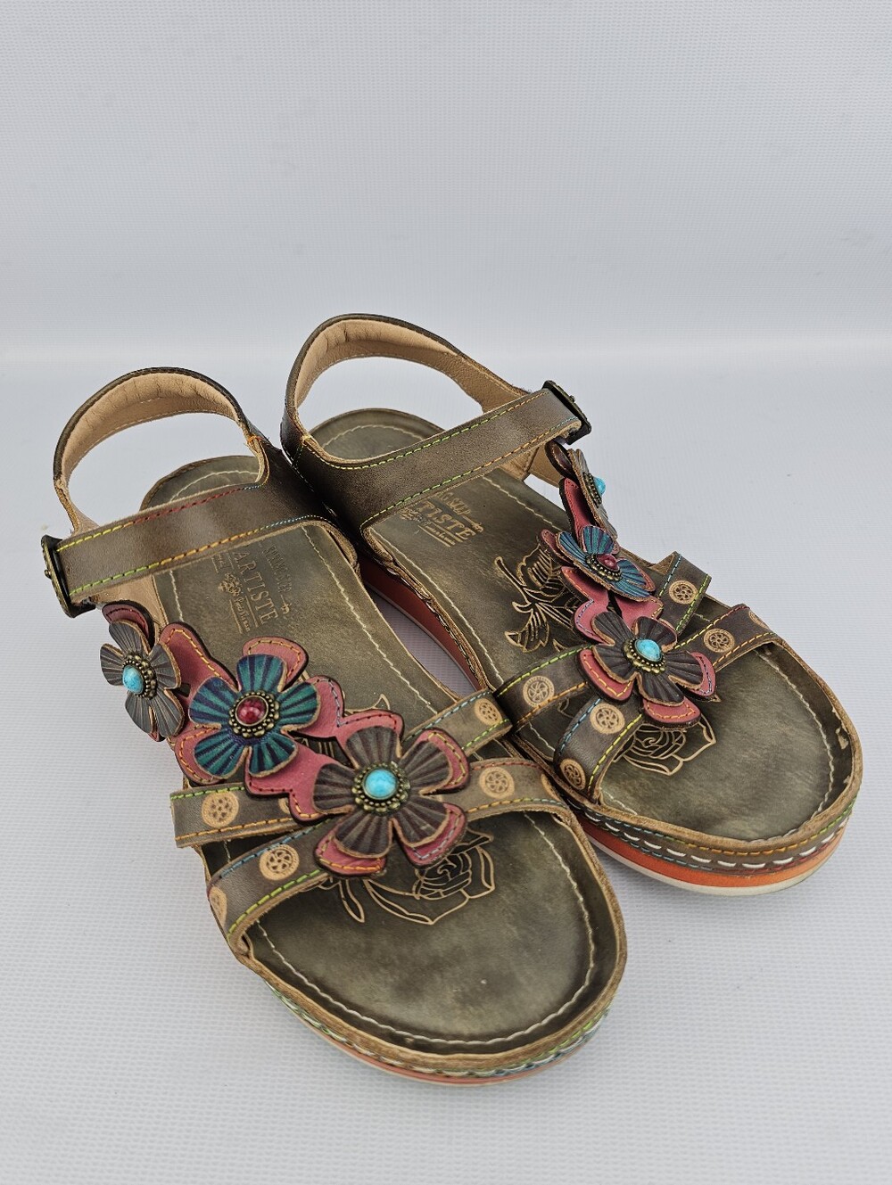 L'Artiste Goodie Ankle Strap Sandals Spring Step Hand-painted Leather Floral 41